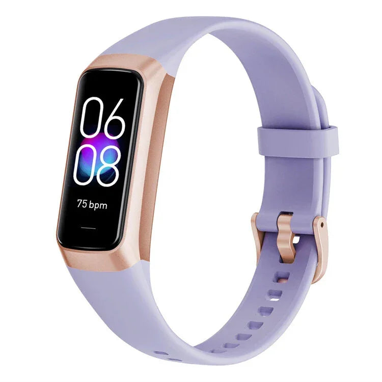 Rose gold fitness tracker smartwatch with purple band and heart rate display