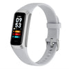 White fitness tracker smartwatch with color display showing steps, heart rate, and distance