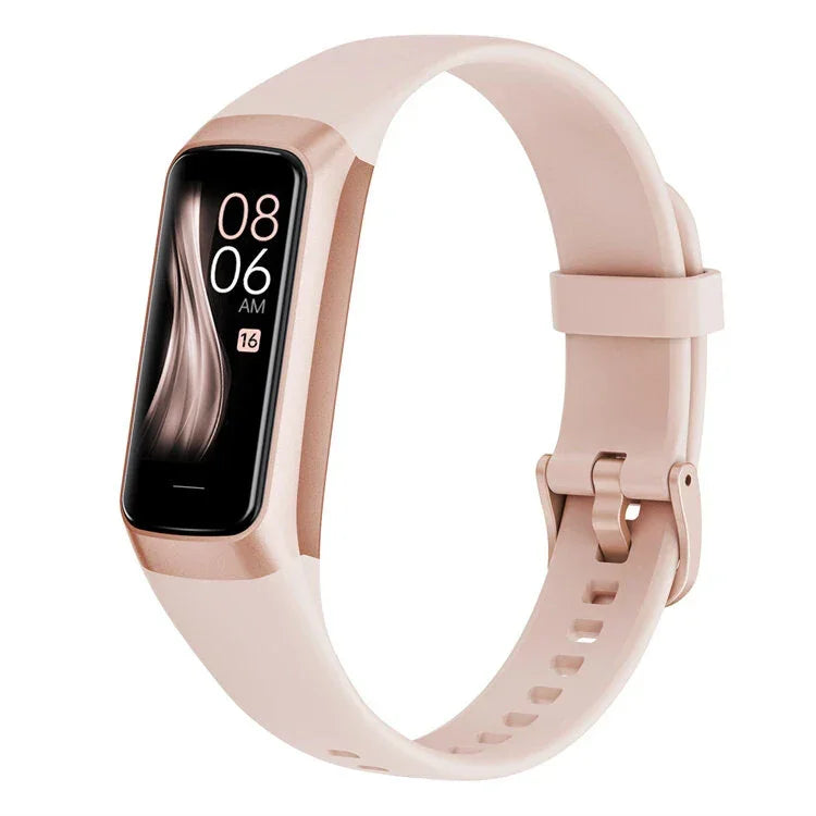 Rose gold fitness tracker smart watch with digital display on white background