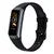 Black fitness tracker smartwatch with rectangular screen and silicone strap