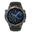 Black smart sports watch with round digital display, heart rate and battery icons