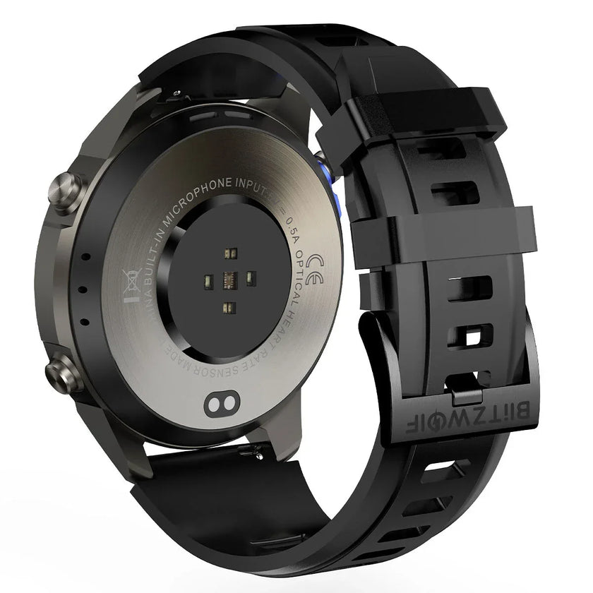 BlitzWolf smartwatch back view with optical heart rate sensor and black silicone strap