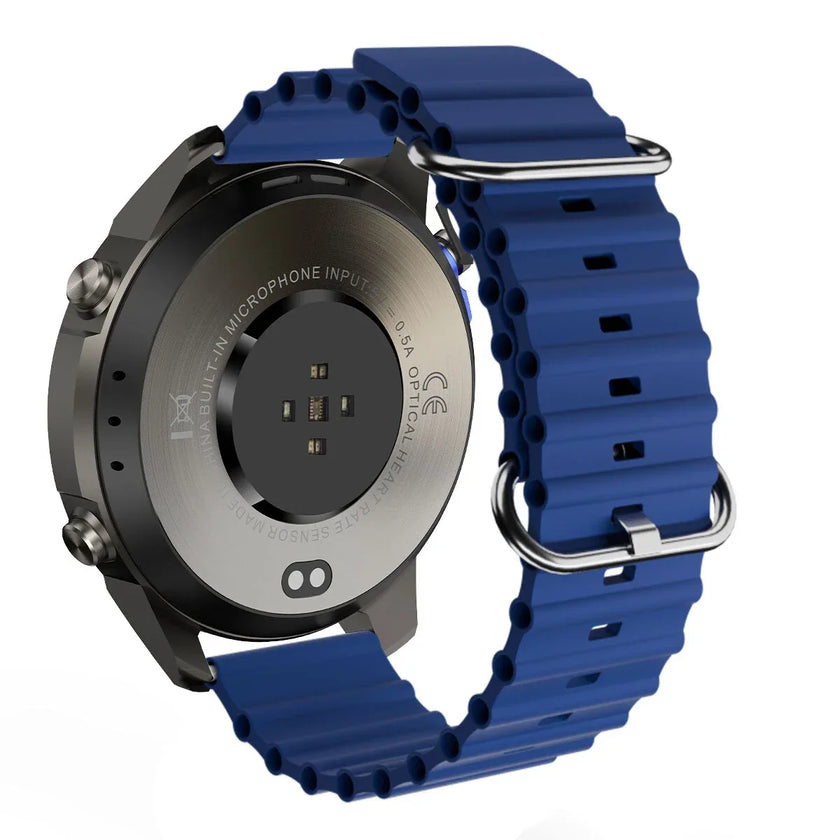 Smartwatch with blue silicone band and optical heart rate sensor back view