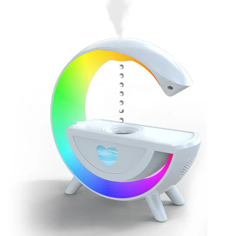 Modern white pet water fountain with rainbow LED lights and heart-shaped window