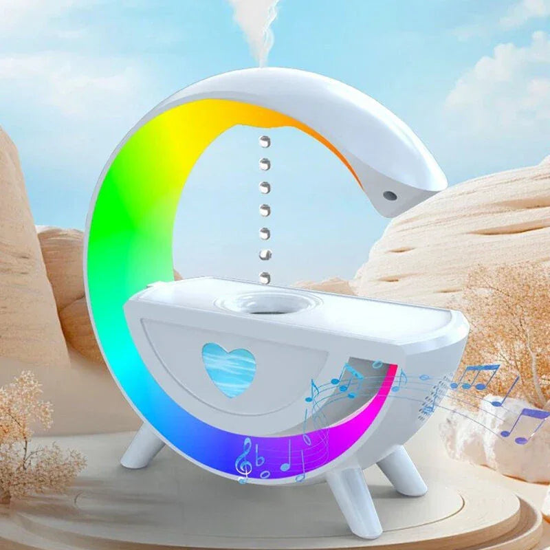 Colorful LED pet water fountain with heart window, musical notes, outdoor desert background