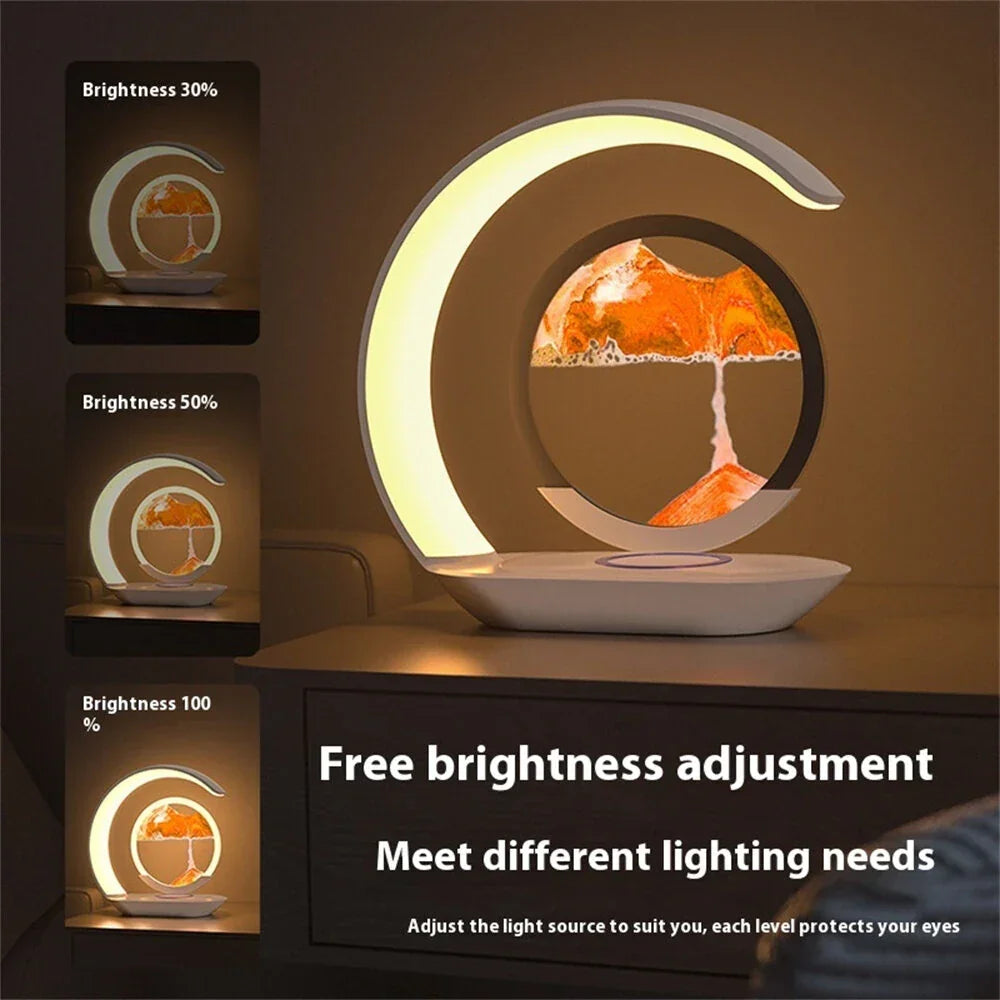 Modern crescent LED sand art lamp on table with adjustable brightness settings display