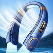 Blue portable neck fan with digital display and airflow, outdoors with mountain background