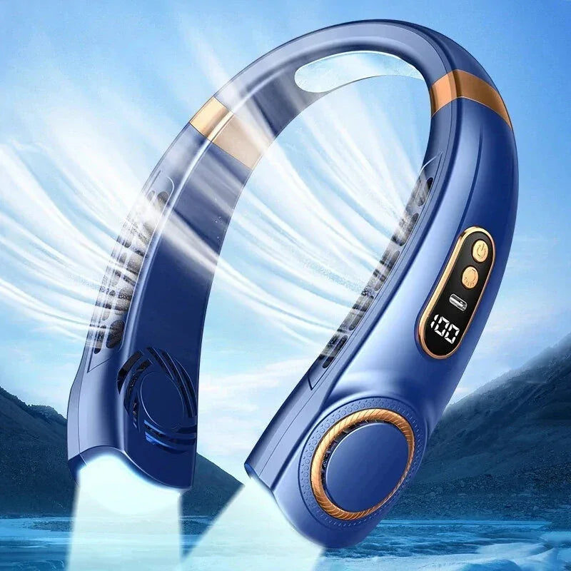 Blue portable neck fan with digital display and airflow, outdoors with mountain background