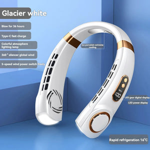 White neck fan with digital display, vents, gold accents, and cooling features on blue background