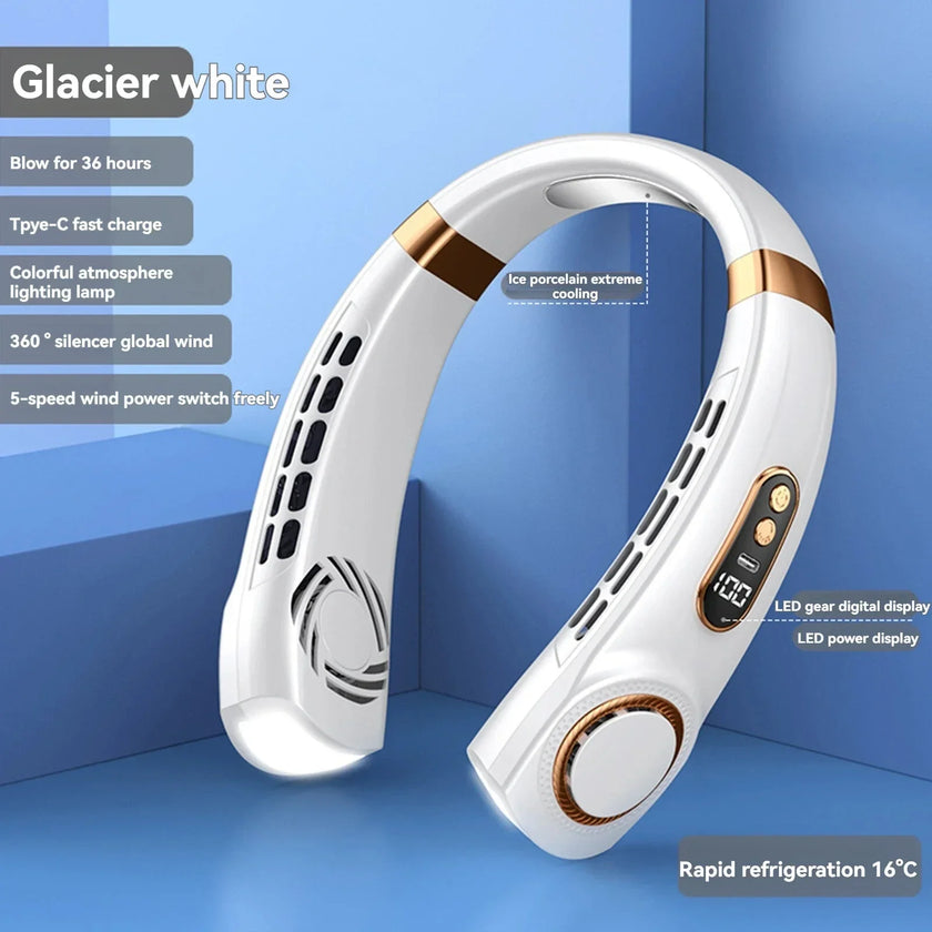 White neck fan with digital display, vents, gold accents, and cooling features on blue background