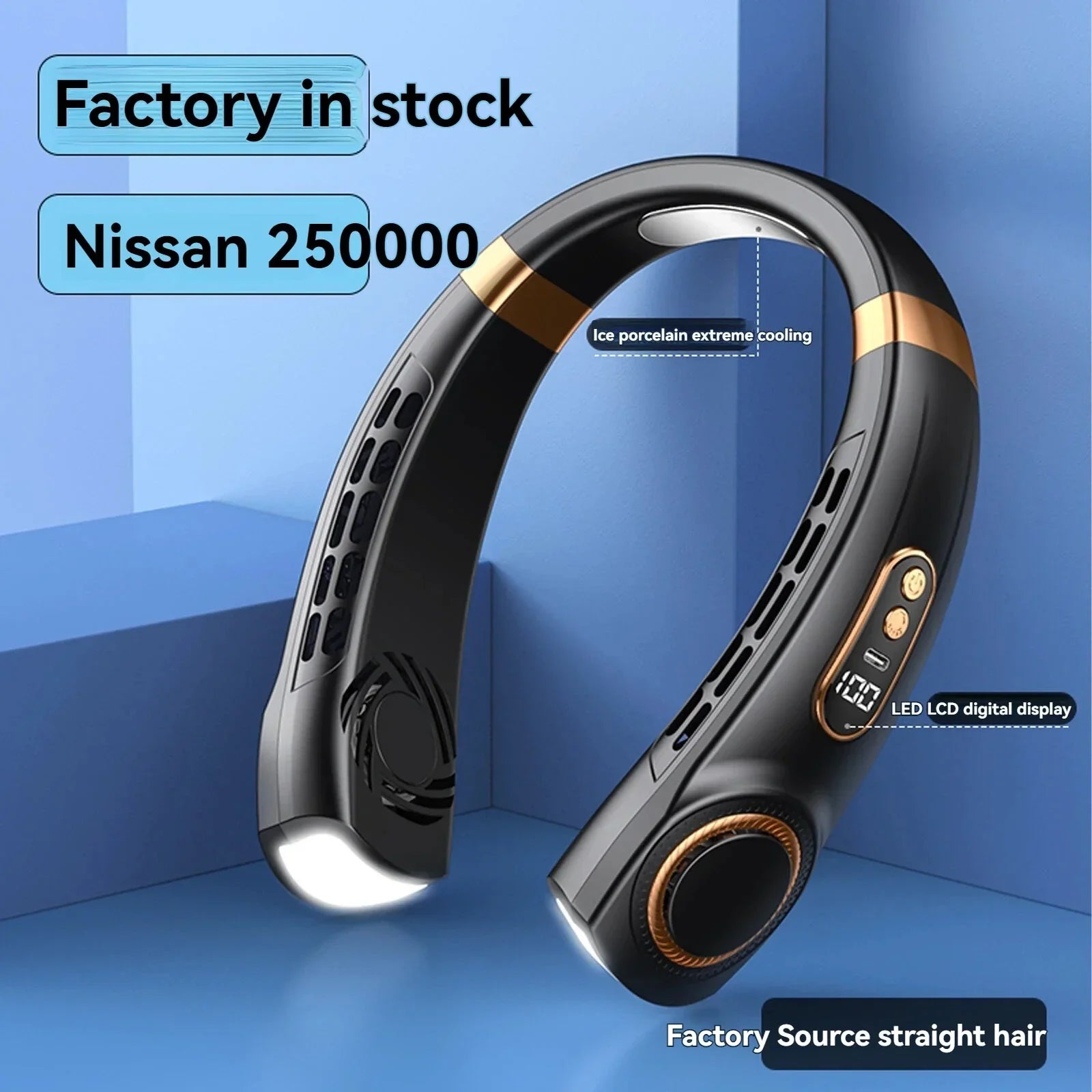 Black wearable neck fan with LED LCD display, ice porcelain cooling, and gold accents, factory in stock