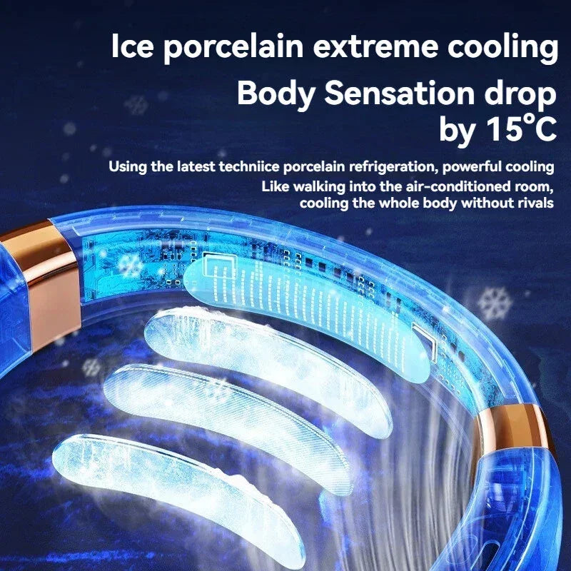 Ice porcelain cooling neck device with blue tech design and text highlighting 15°C drop