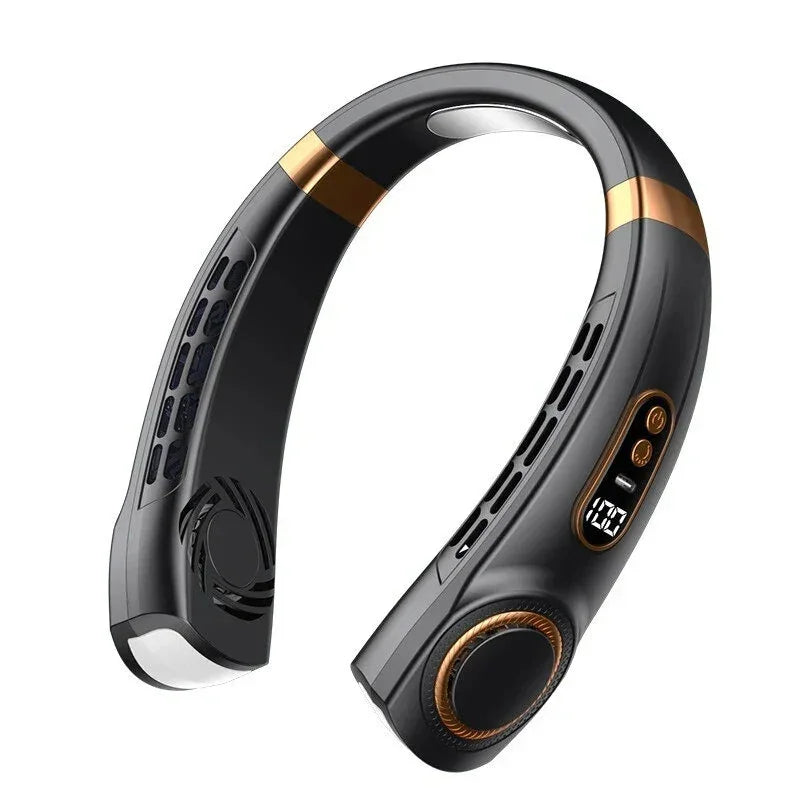 Black and gold wearable neck fan with control buttons and digital display