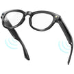 Black smart glasses with camera and audio function on white background