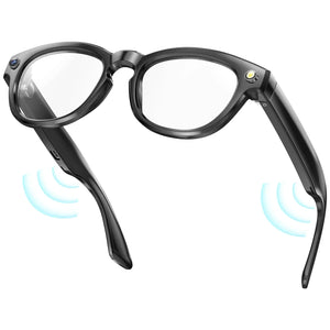 Black smart glasses with camera and audio function on white background