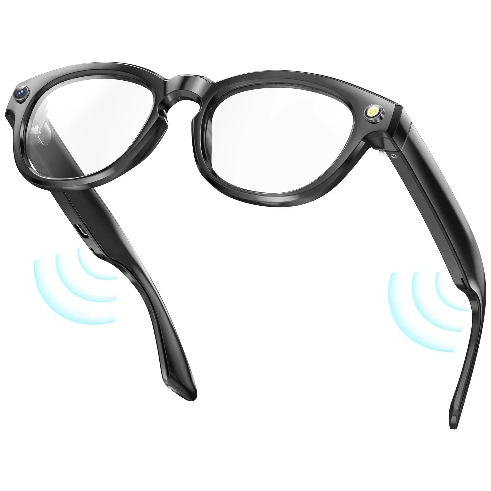 Black smart glasses with camera and audio function on white background