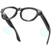 Black smart glasses with camera and audio function on white background