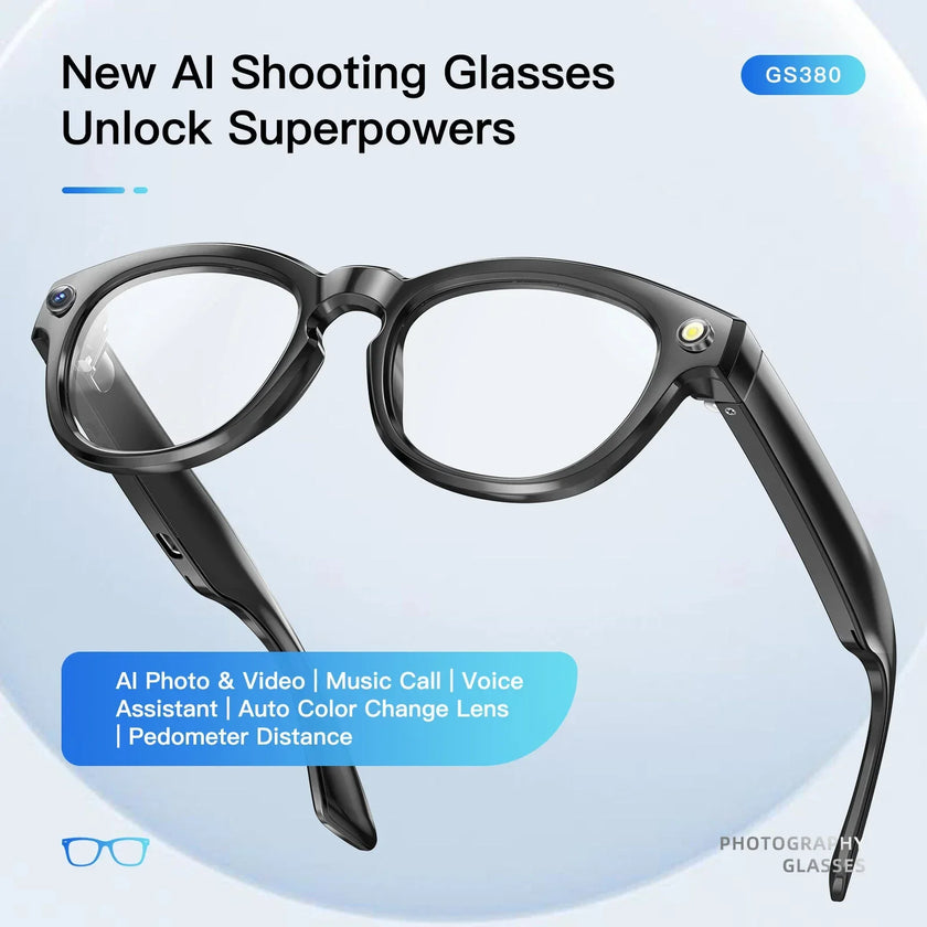 Black AI smart glasses GS380 with camera, clear lenses, and advanced tech features.