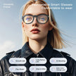 Woman wearing fashionable smart glasses with versatile frame, highlighting AI features and comfort.