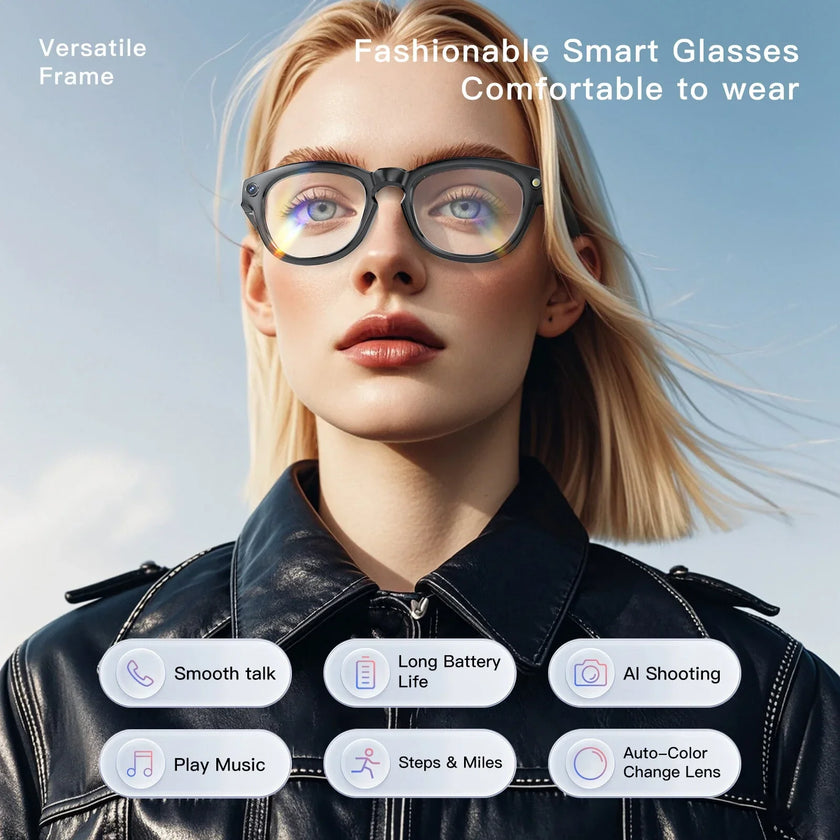 Woman wearing fashionable smart glasses with versatile frame, highlighting AI features and comfort.