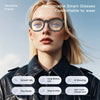Woman wearing fashionable smart glasses with versatile frame, highlighting AI features and comfort.