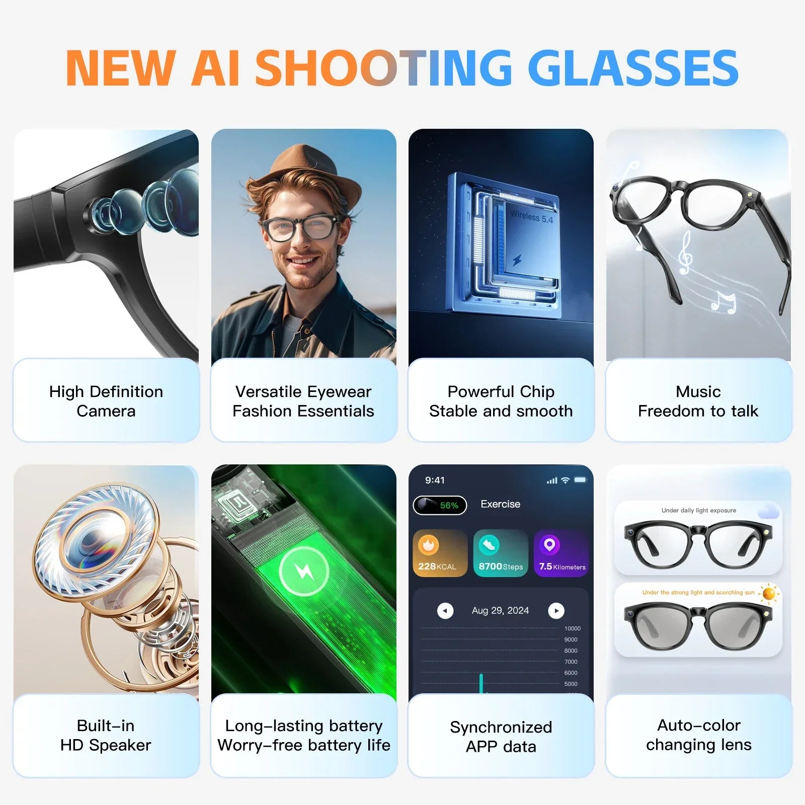 AI smart glasses features: HD camera, auto color lens, built-in speaker, app sync, long battery