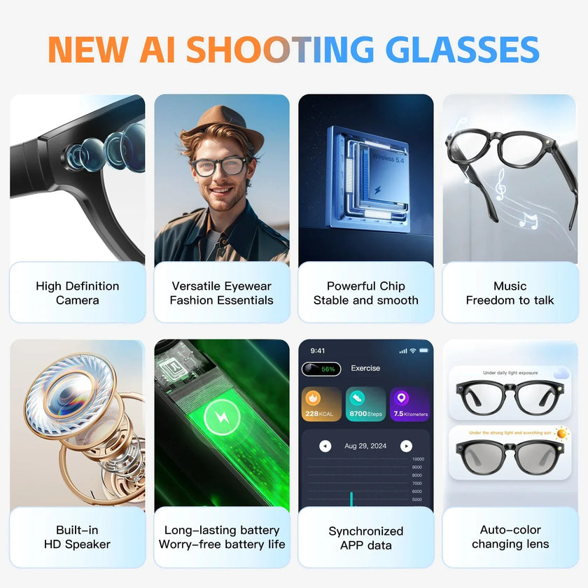 AI smart glasses features: HD camera, auto color lens, built-in speaker, app sync, long battery