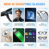 AI smart glasses features: HD camera, auto color lens, built-in speaker, app sync, long battery