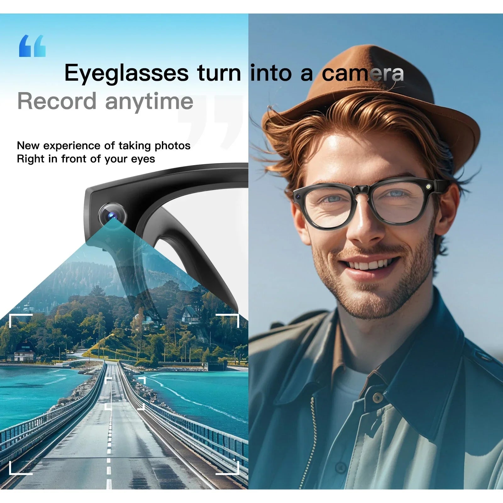 Smart eyeglasses camera with a young man outdoors and a bridge landscape in the background.