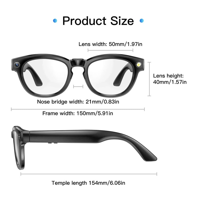 Black smart glasses with product size chart, lens width 50mm, temple length 154mm