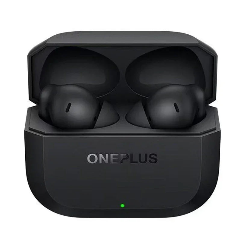 Black OnePlus wireless earbuds in charging case with LED indicator