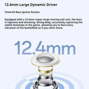 12.4mm large dynamic driver headphone component with text highlighting powerful bass