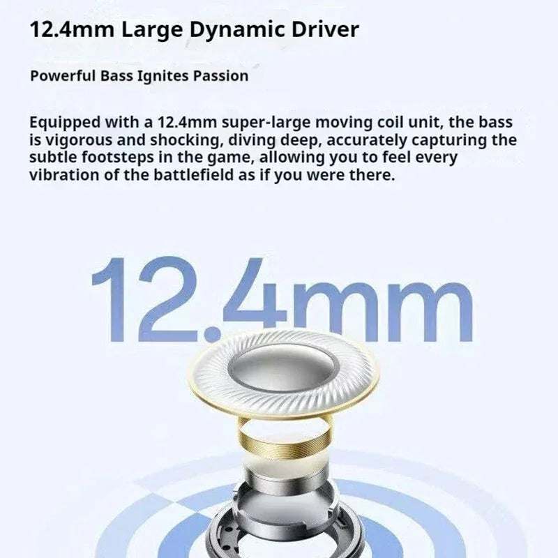 12.4mm large dynamic driver headphone component with text highlighting powerful bass