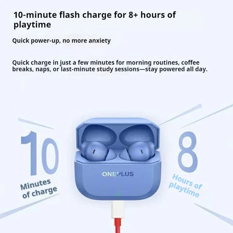 OnePlus blue wireless earbuds charging, 10-minute flash charge for 8 hours playtime