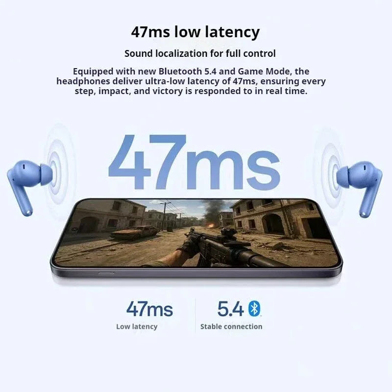 Bluetooth 5.4 wireless earbuds with 47ms low latency for gaming, phone showing FPS game
