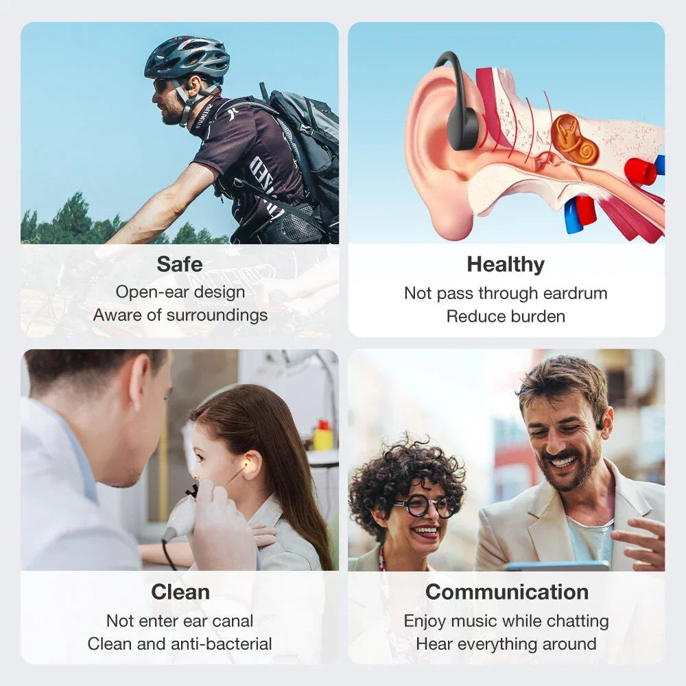 Open-ear headphones benefits infographic with safety, health, hygiene, and communication visuals