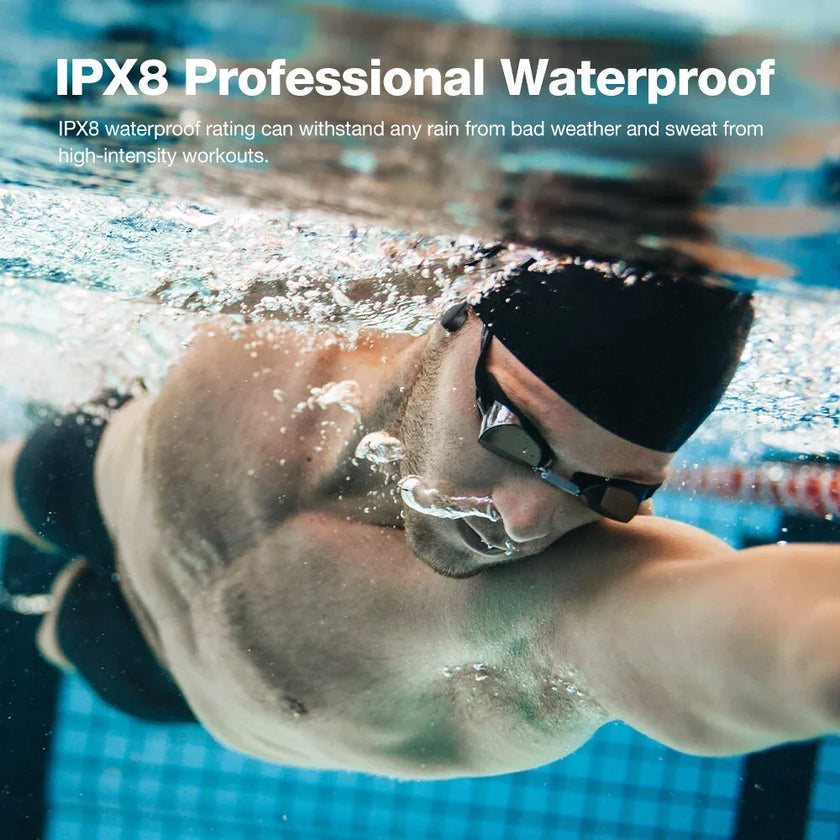 Underwater view of swimmer in goggles and swim cap demonstrating IPX8 professional waterproof rating
