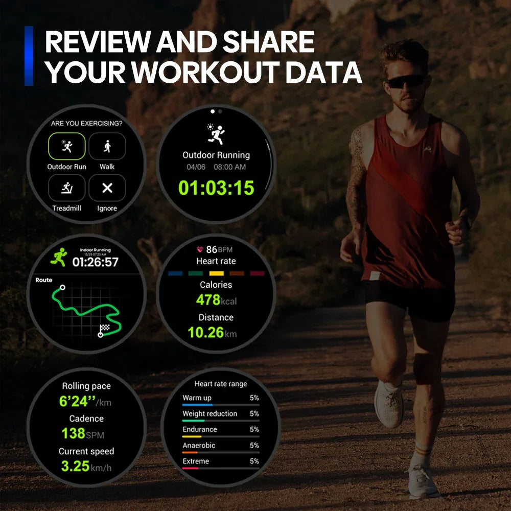 Man running outdoors with smartwatch fitness stats and workout data on screen