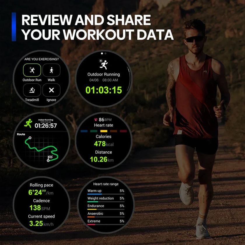 Man running outdoors with smartwatch fitness stats and workout data on screen