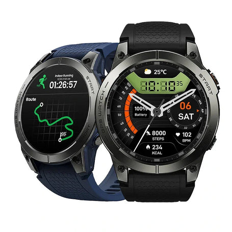 Two rugged GPS smartwatches with fitness tracking and colorful digital displays
