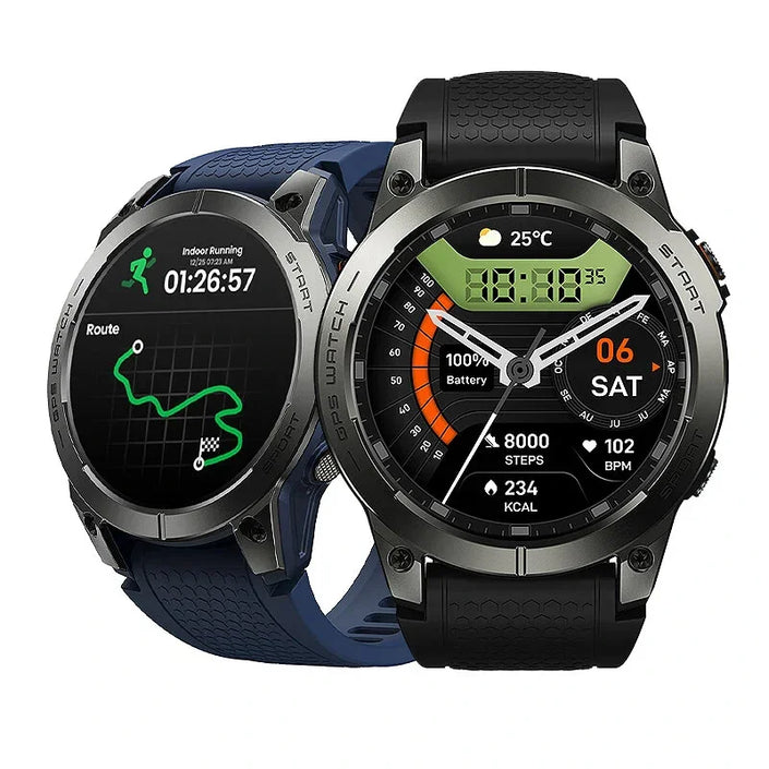 Two rugged GPS smartwatches with fitness tracking and colorful digital displays