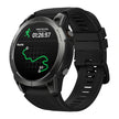Black GPS sports smartwatch showing indoor running stats and route on screen