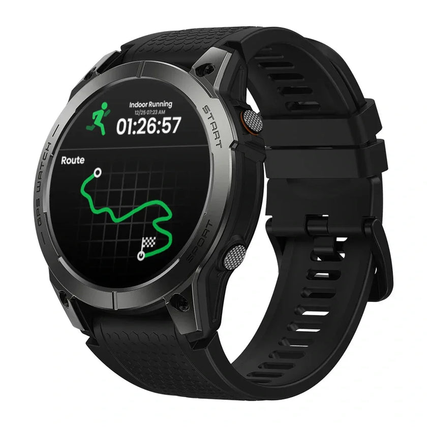 Black GPS sports smartwatch showing indoor running stats and route on screen