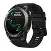 Black GPS sports smartwatch showing indoor running stats and route on screen
