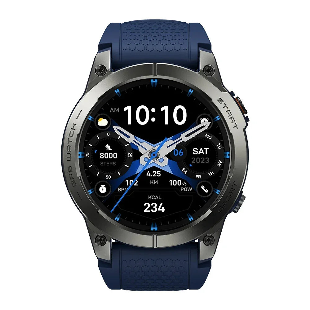 Rugged blue strap GPS smartwatch with digital display, fitness and health tracking features