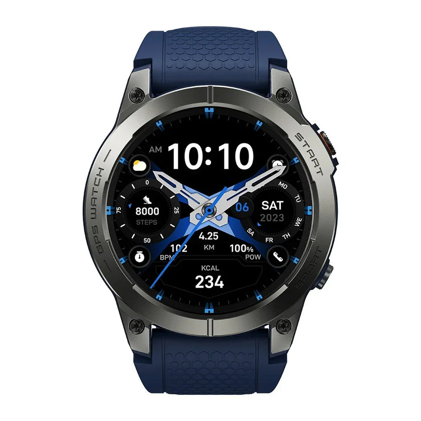 Rugged blue strap GPS smartwatch with digital display, fitness and health tracking features