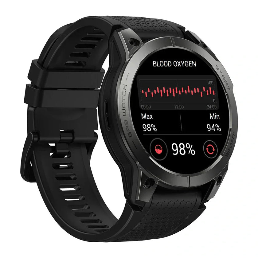 Black GPS smartwatch displaying blood oxygen level tracking on digital screen