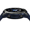 Blue sport smartwatch with round digital display and black bezel, side view