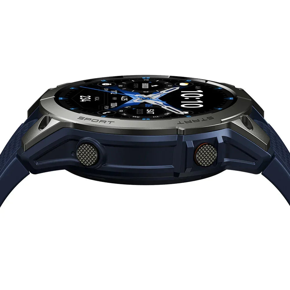 Blue sport smartwatch with round digital display and black bezel, side view