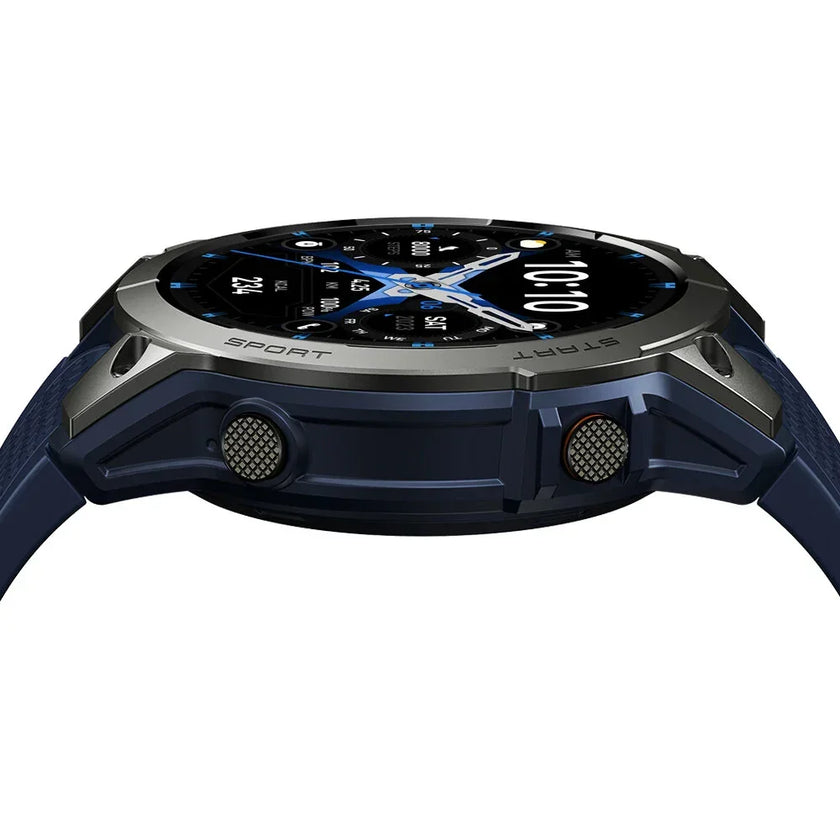 Blue sport smartwatch with round digital display and black bezel, side view